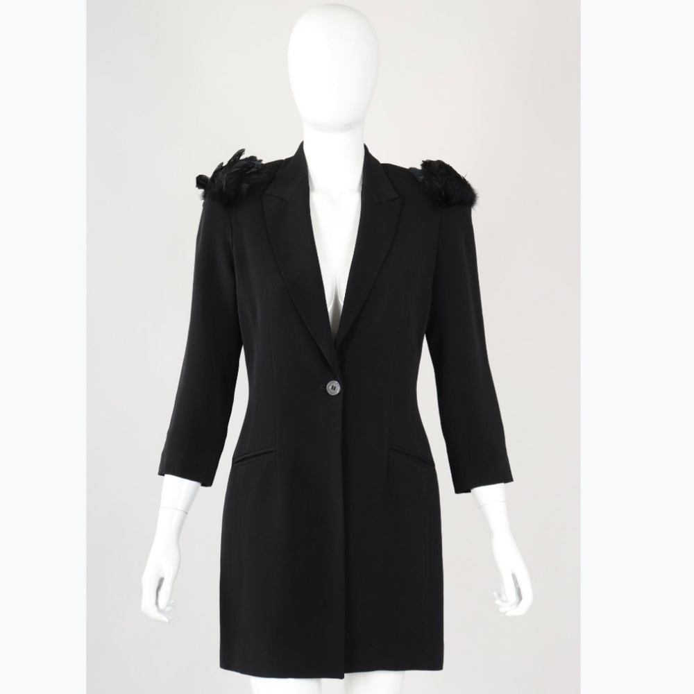 Vintage OZBEK Feather Epaulette Long Jacket Sz 4/6